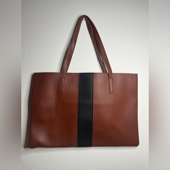 Vince Camuto Brown Vegan Pebbled Leather Black Line Detail Tote Bag 17.5 x 12 in